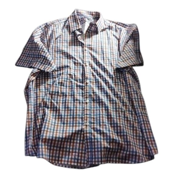 Blue and Brown Casual Button Down Shirt with Plaid Pattern - Picture 1 of 3